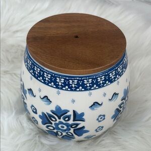 Blue and White Ceramic Jar with Wooden Lid